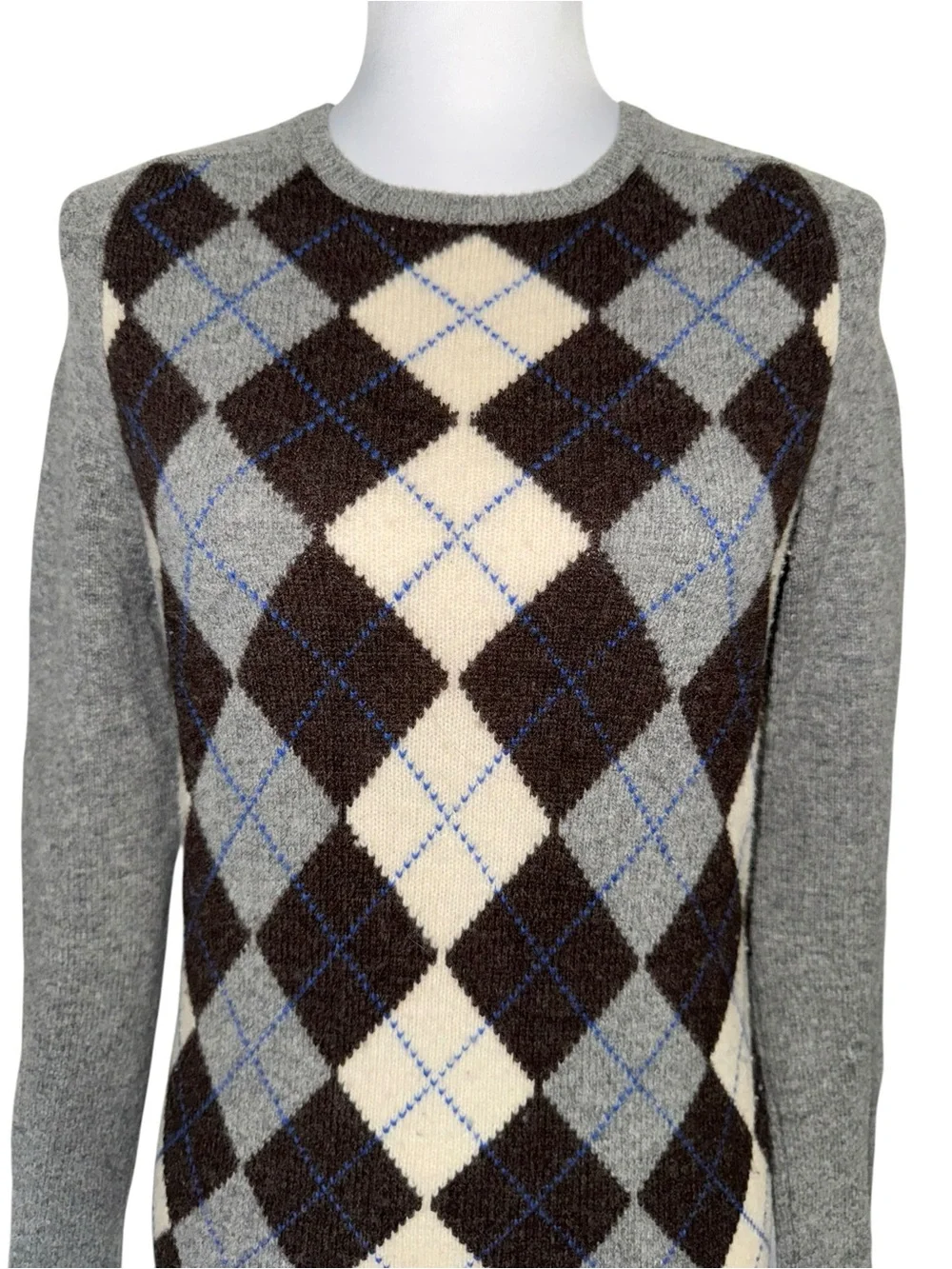 J.Crew 100% Lambswool Argyle Sweater Gray Blue Brown‎ Women’s Small Crewneck